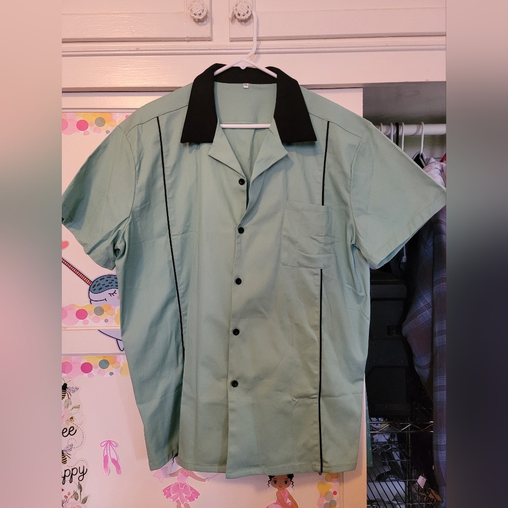Men's XXL Bowling Shirt robins egg blue/black